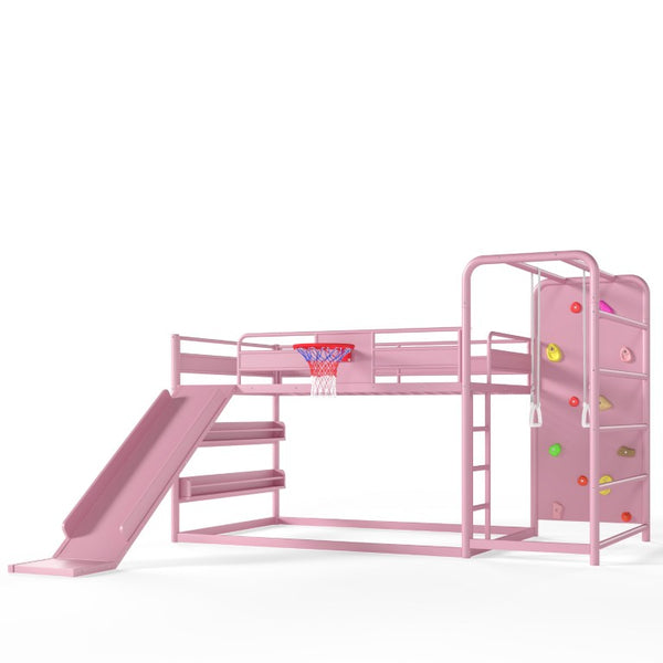 English Elm Full Size Kids Metal Loft Bed with Slide Basketball Hoop Climbing Wall Bookshelves W1580S00702
