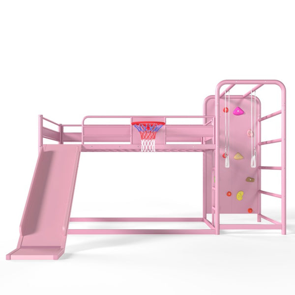 English Elm Full Size Kids Metal Loft Bed with Slide Basketball Hoop Climbing Wall Bookshelves W1580S00702