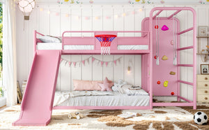 English Elm Full Size Kids Metal Loft Bed with Slide Basketball Hoop Climbing Wall Bookshelves W1580S00702