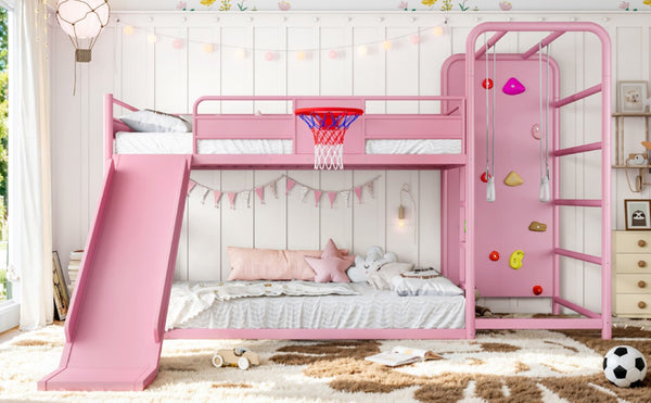 English Elm Full Size Kids Metal Loft Bed with Slide Basketball Hoop Climbing Wall Bookshelves W1580S00702