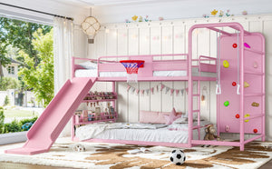 English Elm Full Size Kids Metal Loft Bed with Slide Basketball Hoop Climbing Wall Bookshelves W1580S00702