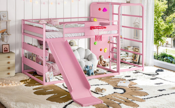 English Elm Full Size Kids Metal Loft Bed with Slide Basketball Hoop Climbing Wall Bookshelves W1580S00702