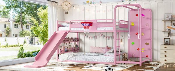 English Elm Full Size Kids Metal Loft Bed with Slide Basketball Hoop Climbing Wall Bookshelves W1580S00702
