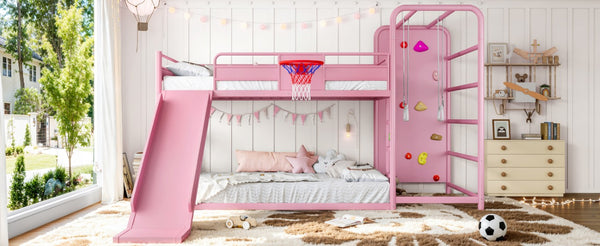 English Elm Full Size Kids Metal Loft Bed with Slide Basketball Hoop Climbing Wall Bookshelves W1580S00702