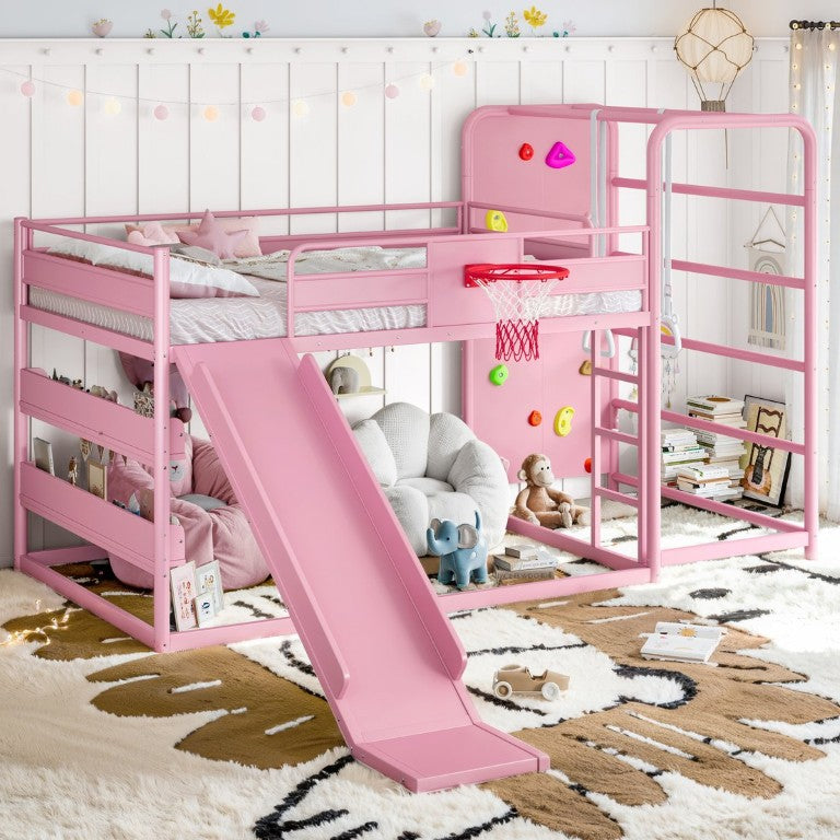 English Elm Full Size Kids Metal Loft Bed with Slide Basketball Hoop Climbing Wall Bookshelves W1580S00702