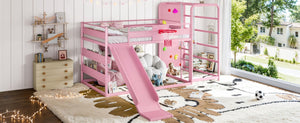 English Elm Full Size Kids Metal Loft Bed with Slide Basketball Hoop Climbing Wall Bookshelves W1580S00702