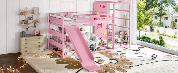 English Elm Full Size Kids Metal Loft Bed with Slide Basketball Hoop Climbing Wall Bookshelves W1580S00702