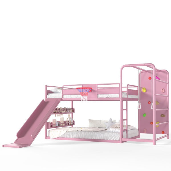 English Elm Full Size Kids Metal Loft Bed with Slide Basketball Hoop Climbing Wall Bookshelves W1580S00702