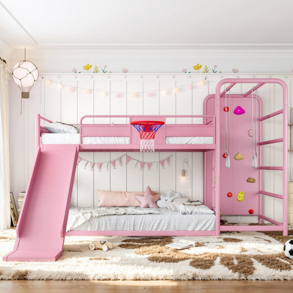 English Elm Full Size Kids Metal Loft Bed with Slide Basketball Hoop Climbing Wall Bookshelves W1580S00702