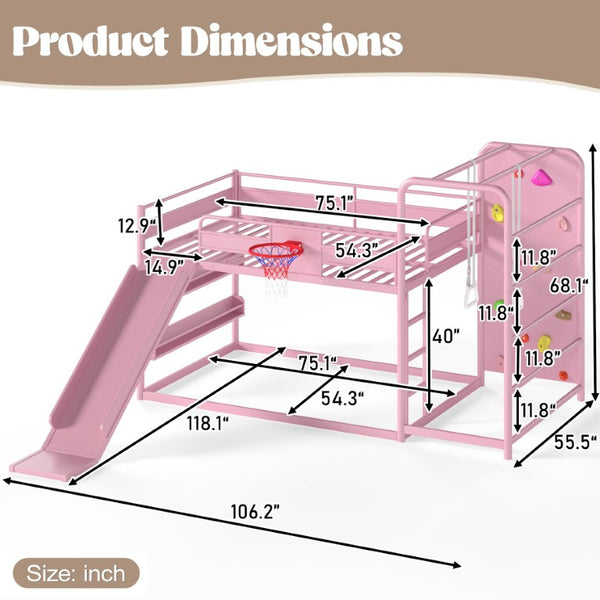 English Elm Full Size Kids Metal Loft Bed with Slide Basketball Hoop Climbing Wall Bookshelves W1580S00702