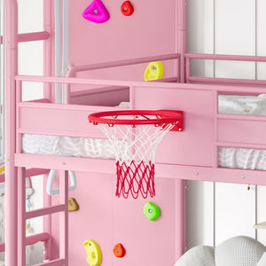 English Elm Full Size Kids Metal Loft Bed with Slide Basketball Hoop Climbing Wall Bookshelves W1580S00702