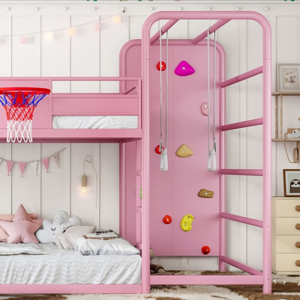 English Elm Full Size Kids Metal Loft Bed with Slide Basketball Hoop Climbing Wall Bookshelves W1580S00702