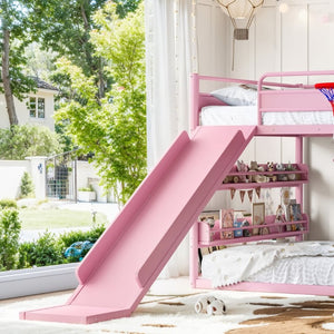 English Elm Full Size Kids Metal Loft Bed with Slide Basketball Hoop Climbing Wall Bookshelves W1580S00702