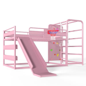 English Elm Full Size Kids Metal Loft Bed with Slide Basketball Hoop Climbing Wall Bookshelves W1580S00702