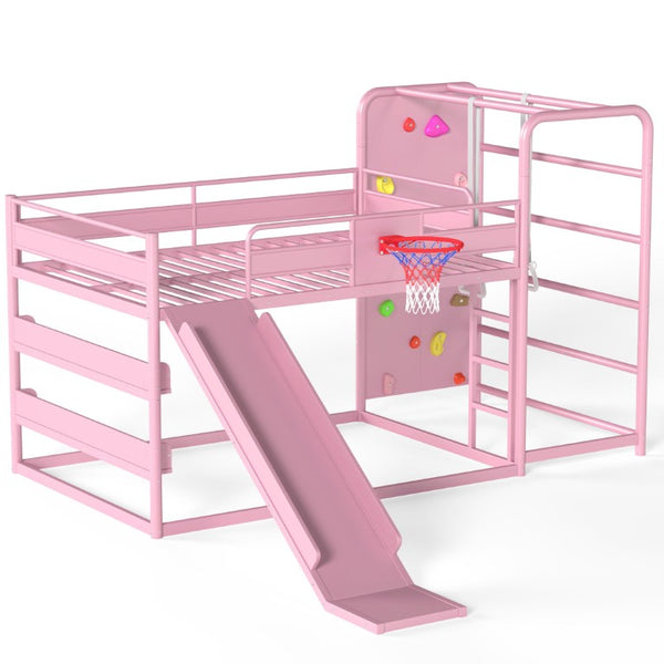 English Elm Full Size Kids Metal Loft Bed with Slide Basketball Hoop Climbing Wall Bookshelves W1580S00702