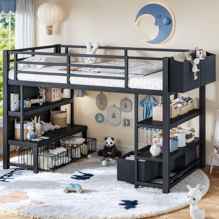 English Elm Twin Metal Low Loft Bed for Kids with Bookshelf Storage Drawer and Fabric Organizer Black W1580S00703