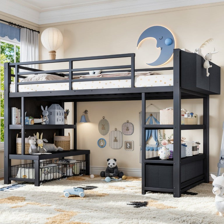 English Elm Twin Metal Low Loft Bed for Kids with Bookshelf Storage Drawer and Fabric Organizer Black W1580S00703