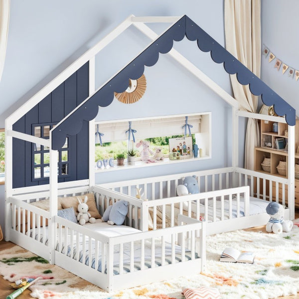 English Elm Full Size Montessori House Bed Low Pine Wood Frame for Kids Imaginative Play White & Blue 120.4 L x 77.9 W x 84.3 H W1580S00709