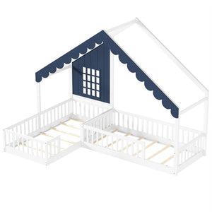 English Elm Full Size Montessori House Bed Low Pine Wood Frame for Kids Imaginative Play White & Blue 120.4 L x 77.9 W x 84.3 H W1580S00709