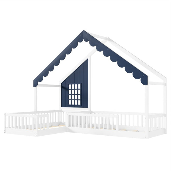 English Elm Full Size Montessori House Bed Low Pine Wood Frame for Kids Imaginative Play White & Blue 120.4 L x 77.9 W x 84.3 H W1580S00709