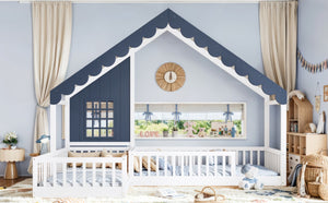 English Elm Full Size Montessori House Bed Low Pine Wood Frame for Kids Imaginative Play White & Blue 120.4 L x 77.9 W x 84.3 H W1580S00709