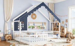 English Elm Full Size Montessori House Bed Low Pine Wood Frame for Kids Imaginative Play White & Blue 120.4 L x 77.9 W x 84.3 H W1580S00709
