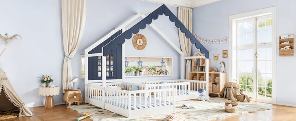 English Elm Full Size Montessori House Bed Low Pine Wood Frame for Kids Imaginative Play White & Blue 120.4 L x 77.9 W x 84.3 H W1580S00709