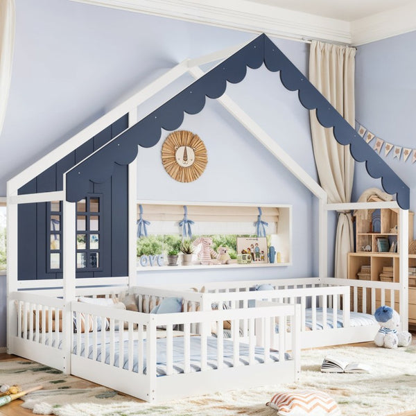 English Elm Full Size Montessori House Bed Low Pine Wood Frame for Kids Imaginative Play White & Blue 120.4 L x 77.9 W x 84.3 H W1580S00709