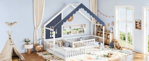 English Elm Full Size Montessori House Bed Low Pine Wood Frame for Kids Imaginative Play White & Blue 120.4 L x 77.9 W x 84.3 H W1580S00709