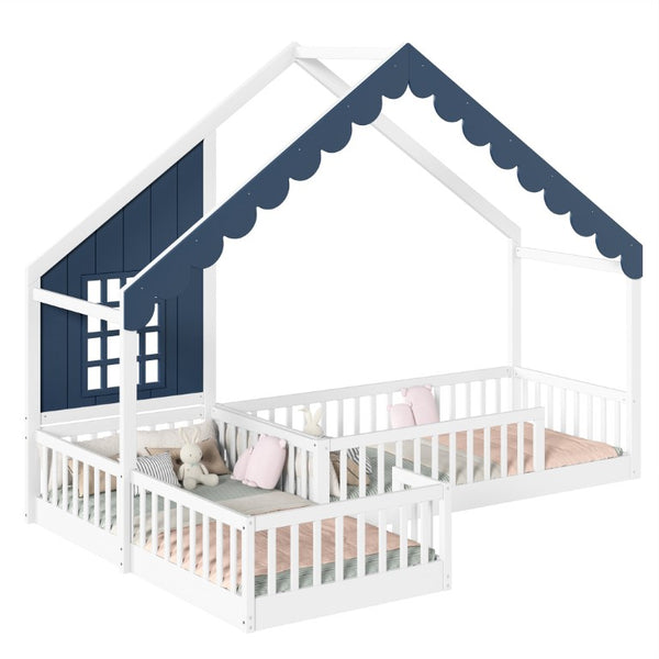 English Elm Full Size Montessori House Bed Low Pine Wood Frame for Kids Imaginative Play White & Blue 120.4 L x 77.9 W x 84.3 H W1580S00709