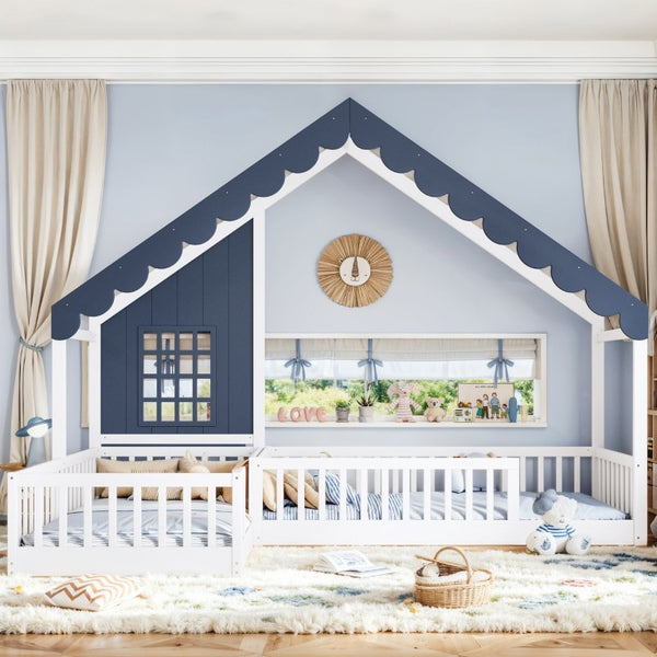 English Elm Full Size Montessori House Bed Low Pine Wood Frame for Kids Imaginative Play White & Blue 120.4 L x 77.9 W x 84.3 H W1580S00709