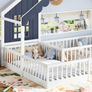 English Elm Full Size Montessori House Bed Low Pine Wood Frame for Kids Imaginative Play White & Blue 120.4 L x 77.9 W x 84.3 H W1580S00709
