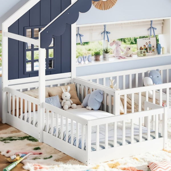 English Elm Full Size Montessori House Bed Low Pine Wood Frame for Kids Imaginative Play White & Blue 120.4 L x 77.9 W x 84.3 H W1580S00709