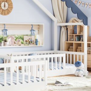 English Elm Full Size Montessori House Bed Low Pine Wood Frame for Kids Imaginative Play White & Blue 120.4 L x 77.9 W x 84.3 H W1580S00709