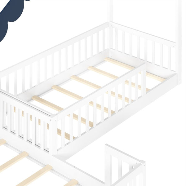 English Elm Full Size Montessori House Bed Low Pine Wood Frame for Kids Imaginative Play White & Blue 120.4 L x 77.9 W x 84.3 H W1580S00709