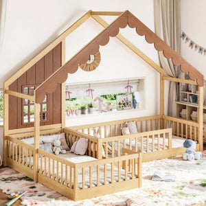 English Elm Twin House Shaped Floor Bed Pine Wood Frame with Safety Rails for Kids Shared Rooms Natural W1580S00710