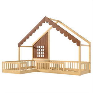 English Elm Twin House Shaped Floor Bed Pine Wood Frame with Safety Rails for Kids Shared Rooms Natural W1580S00710