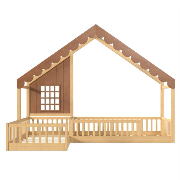 English Elm Twin House Shaped Floor Bed Pine Wood Frame with Safety Rails for Kids Shared Rooms Natural W1580S00710