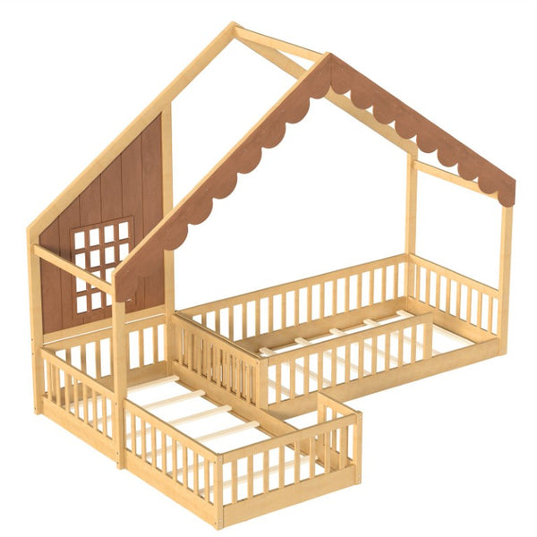 English Elm Twin House Shaped Floor Bed Pine Wood Frame with Safety Rails for Kids Shared Rooms Natural W1580S00710