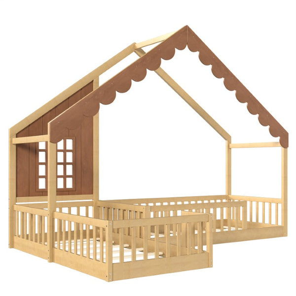 English Elm Twin House Shaped Floor Bed Pine Wood Frame with Safety Rails for Kids Shared Rooms Natural W1580S00710