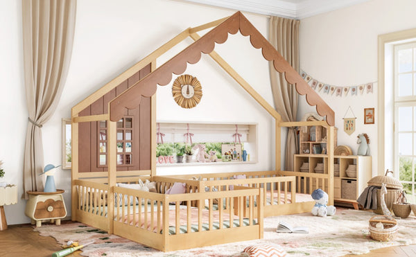 English Elm Twin House Shaped Floor Bed Pine Wood Frame with Safety Rails for Kids Shared Rooms Natural W1580S00710