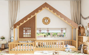 English Elm Twin House Shaped Floor Bed Pine Wood Frame with Safety Rails for Kids Shared Rooms Natural W1580S00710