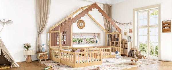 English Elm Twin House Shaped Floor Bed Pine Wood Frame with Safety Rails for Kids Shared Rooms Natural W1580S00710