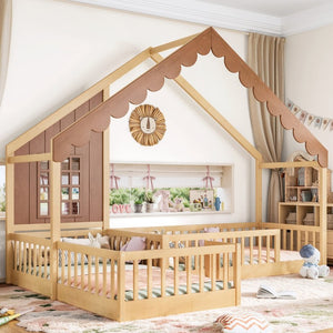 English Elm Twin House Shaped Floor Bed Pine Wood Frame with Safety Rails for Kids Shared Rooms Natural W1580S00710