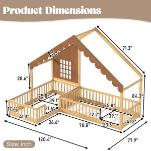 English Elm Twin House Shaped Floor Bed Pine Wood Frame with Safety Rails for Kids Shared Rooms Natural W1580S00710