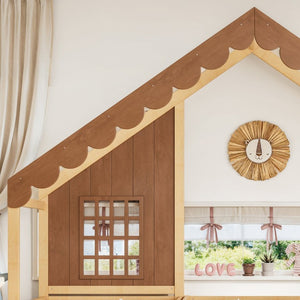 English Elm Twin House Shaped Floor Bed Pine Wood Frame with Safety Rails for Kids Shared Rooms Natural W1580S00710