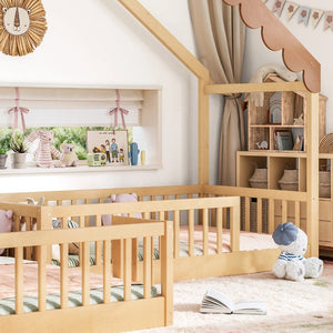 English Elm Twin House Shaped Floor Bed Pine Wood Frame with Safety Rails for Kids Shared Rooms Natural W1580S00710