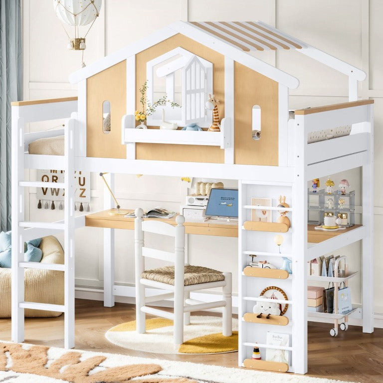 English Elm Twin House Shaped Floor Bed Pine Wood Frame with Safety Rails for Kids Shared Rooms Natural, White W1580S00711