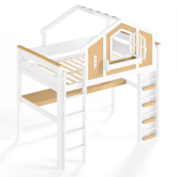English Elm Twin House Shaped Floor Bed Pine Wood Frame with Safety Rails for Kids Shared Rooms Natural, White W1580S00711
