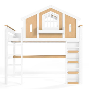 English Elm Twin House Shaped Floor Bed Pine Wood Frame with Safety Rails for Kids Shared Rooms Natural, White W1580S00711